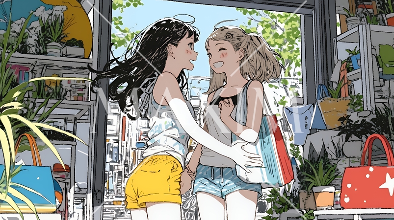 ビーチリゾートのショップで女友達と買物をしている若い女性