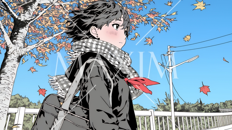 紅葉の道を通学する女子高生