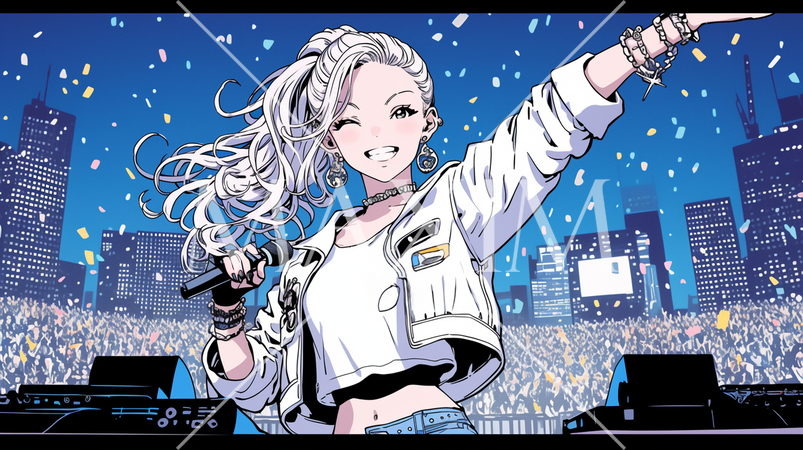 満席の都心の野外アリーナで歌う女性ミュージシャン