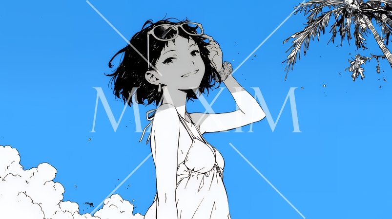 一人旅の若い女性と夏のビーチの風景（シンプルな色使い）