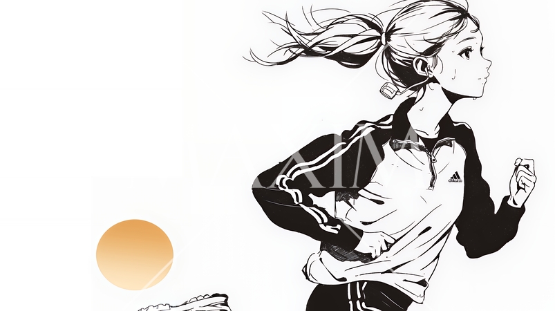 夕日を背景にジョギングをする若い女性（シンプルな色使い）