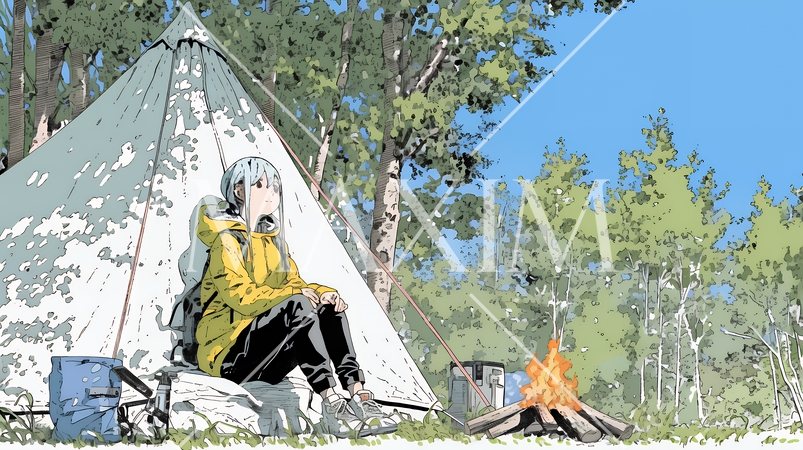 ソロキャンプを楽しんでいる若い女性