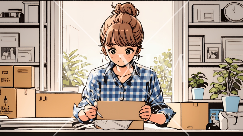 引っ越しの荷造り・荷解きをしている若い女性