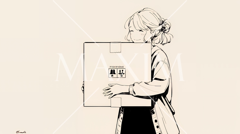 引っ越しの荷造り・荷解きをしている若い女性（シンプルな色使い）