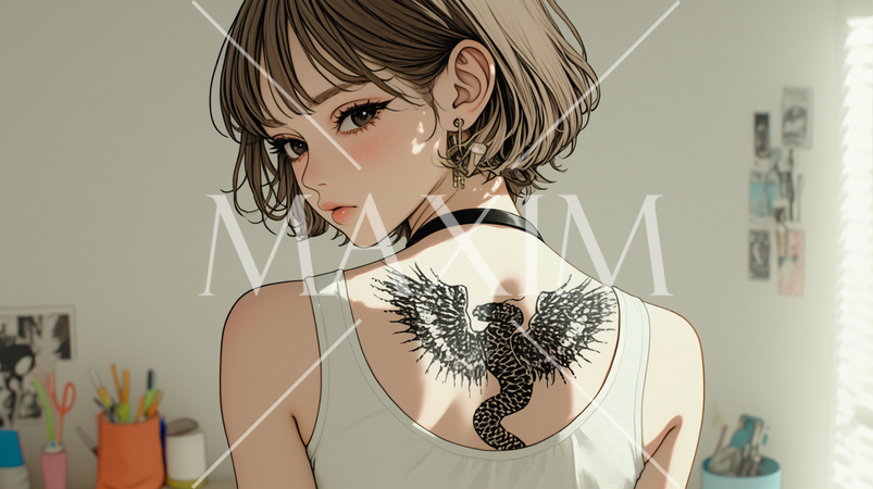 ヘビ柄の刺青を背中に入れた若い女性