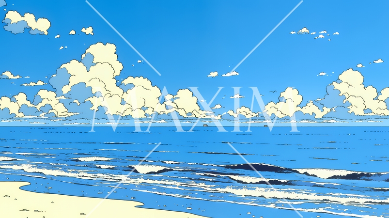 夏の青い空と青い海と白い雲のコントラスト