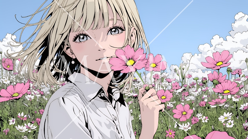 コスモス畑にいる若い女性