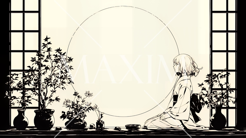 月見をしている和服姿の若い女性（シンプルな色使い）