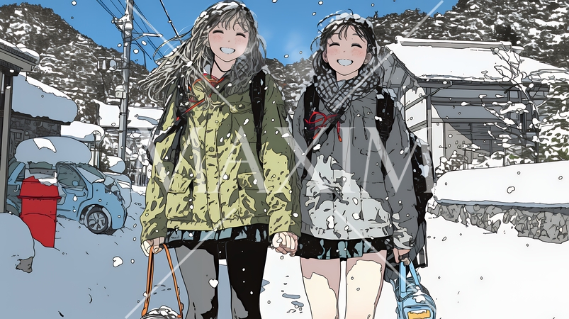 雪の日に友達と通学する女子高生