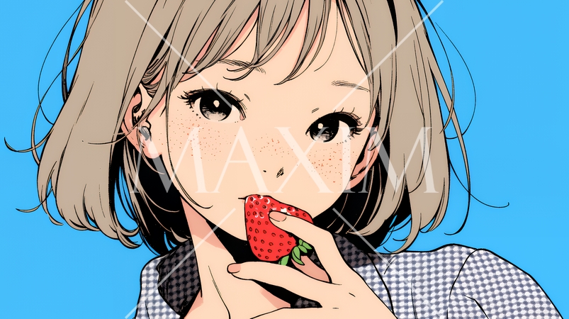 イチゴを摘んで食べている若い女性