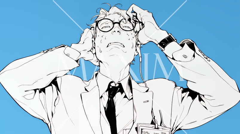 金融市場の急激な変動で頭を抱えている男性（シンプルな色使い）