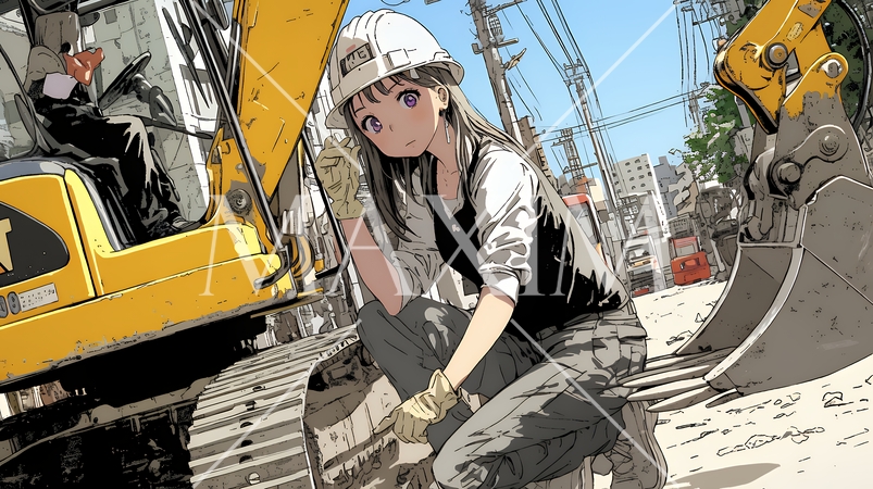建設現場で重機を操作する若い女性