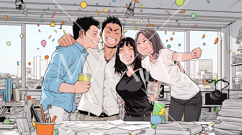 プロジェクト成功を喜ぶスタートアップチーム｜オフィスで大喜びするビジネスパーソン