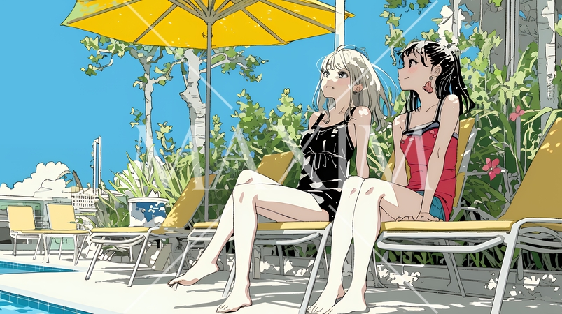 プールサイドのデッキチェアで談笑する女友達たち｜夏のリゾートで過ごすリラックスしたライフスタイルイメ