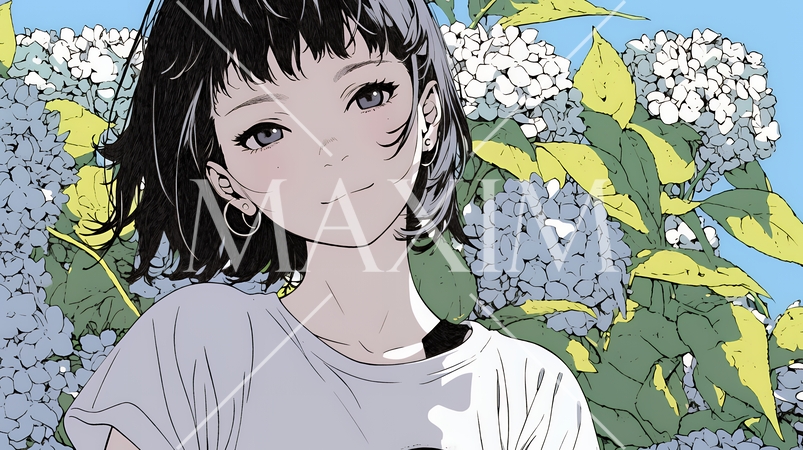 あじさいとカジュアルな服装の若い女性