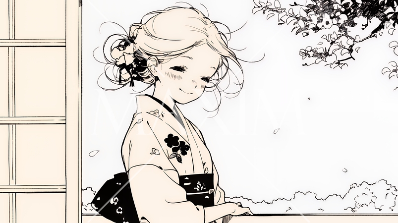 浴衣姿で夕涼みをしている若い女性（シンプルな色使い）