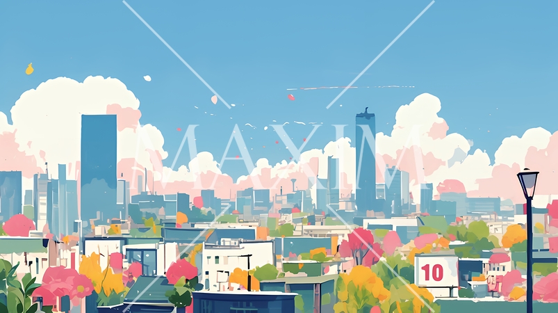 都市の町並みと青空（ポップでキュートな色使い）