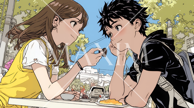 バレンタインディのチョコを男性に渡そうとしている若い女性