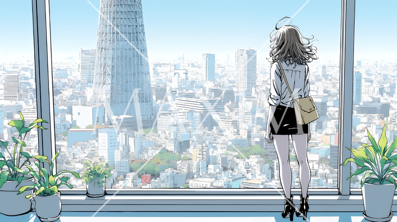 高層ビル群を見下ろすキャリア女性