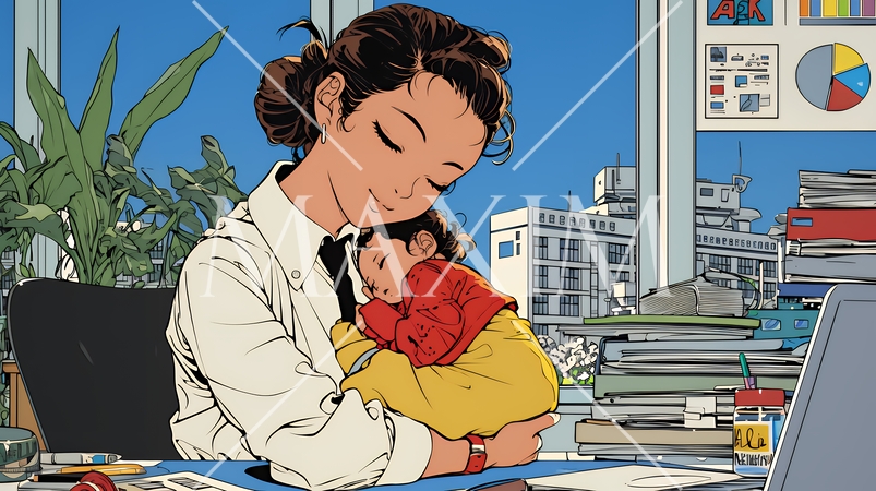 赤ん坊を抱きながらデスクワークをしている女性