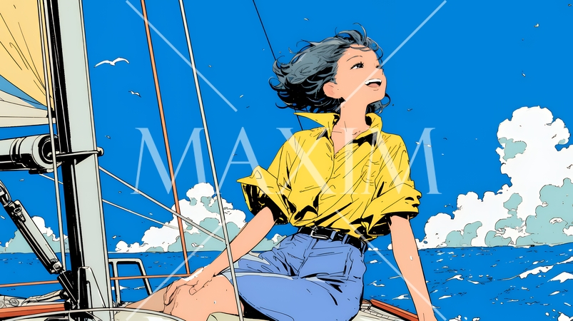 ヨットに乗っている若い女性