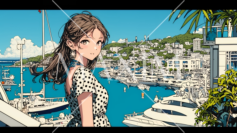 沖縄のヨットハーバーに立つ若い女性