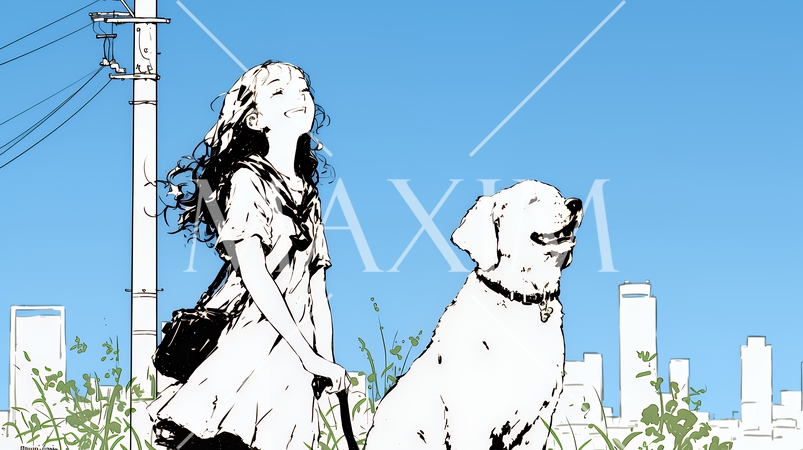 愛犬と散歩している若い女性（シンプルな色使い）