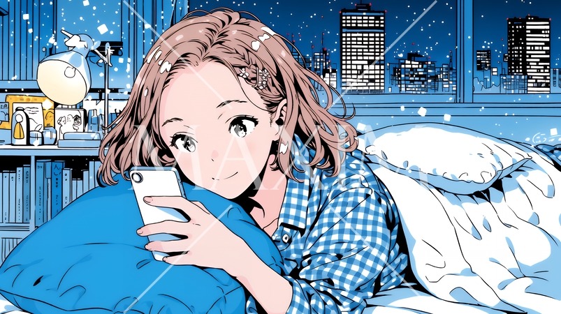 ベッドに横になってスマートフォンをいじくっている若い女性