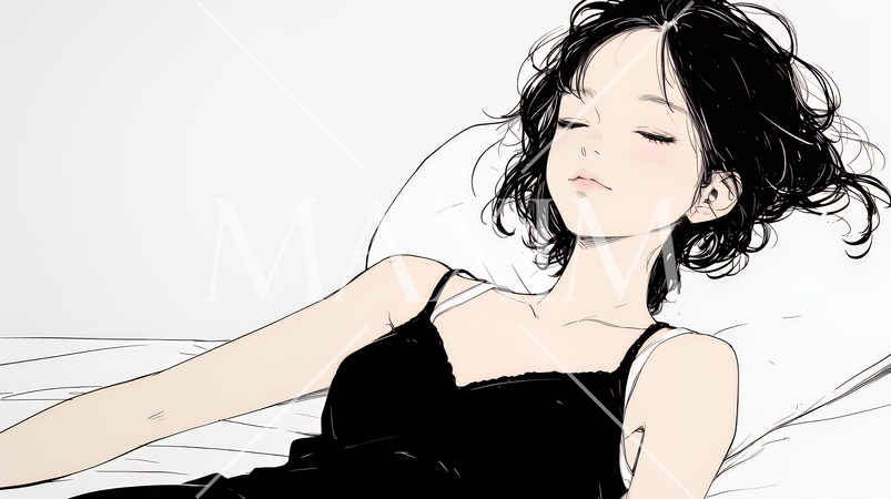 幸せそうな寝顔で眠っている若い女性（シンプルな色使い）