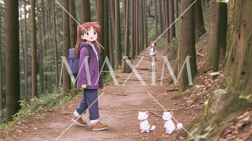 杉林の林道でハイキングをしている女友達たち