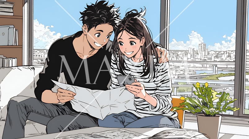 仲良く二人で旅行の計画を立てている若いカップル