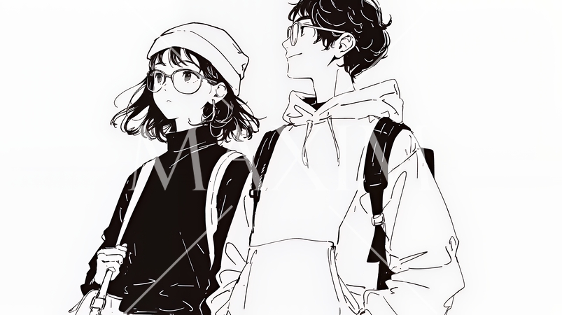 希望に満ちたライフスタイルを過ごす若いカップル：未来を見つめている（シンプルな色使い）