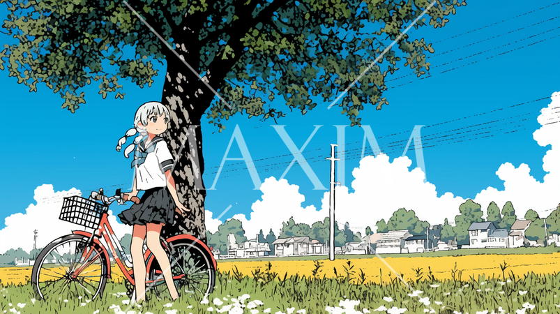 青空の下、自転車に乗る若い女性