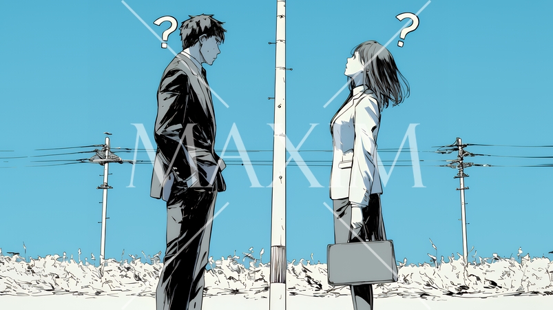 互いに相手の意見を十分に理解できないまま対話を続ける男女のビジネスパーソン