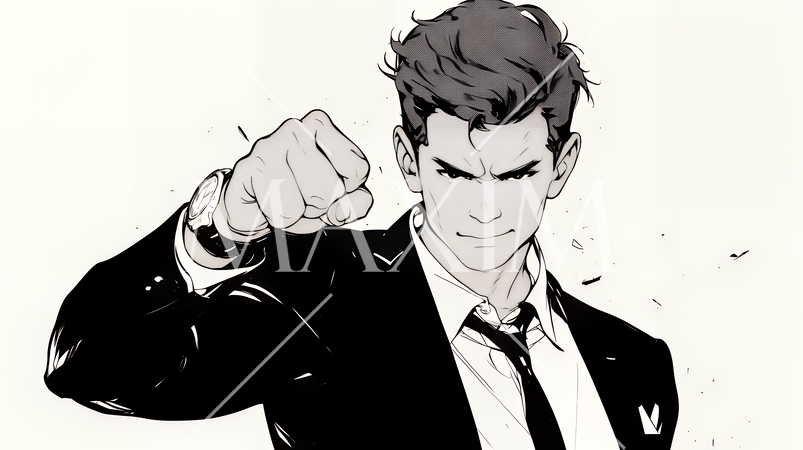 ガッツポーズ（拳を握って力強く）をしているビジネスマン（シンプルな色使い）