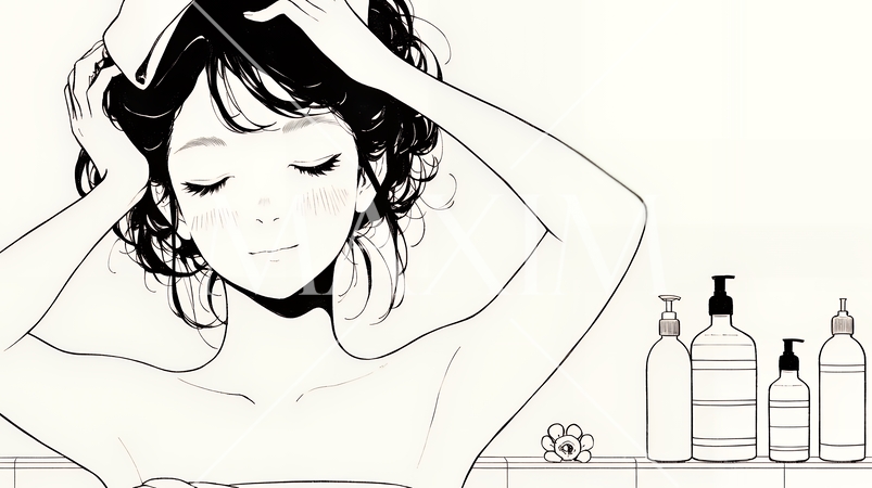 朝支度：洗面所で髪をまとめている若い女性（シンプルな色使い）