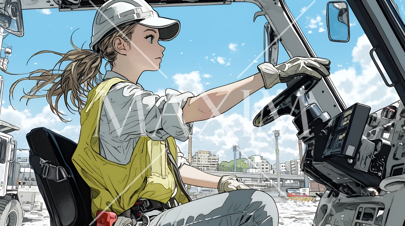 建設現場で重機を操作する若い女性
