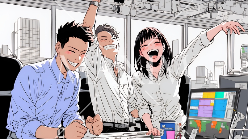 プロジェクト成功を喜ぶスタートアップチーム｜オフィスで大喜びするビジネスパーソン
