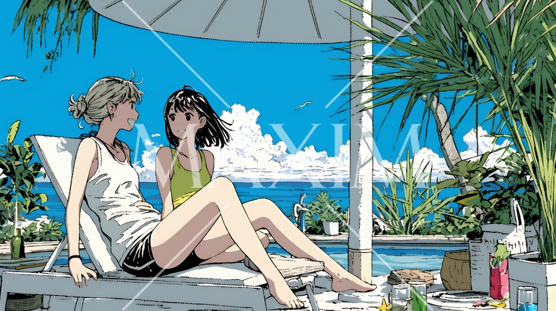 プールサイドのデッキチェアで談笑する女友達たち｜夏のリゾートで過ごすリラックスしたライフスタイルイメ