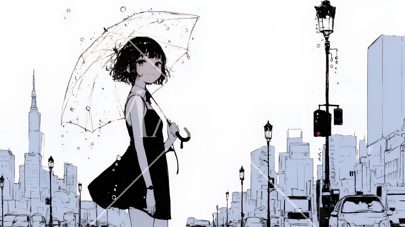 雨の中を歩く女性（シンプルな色使い）