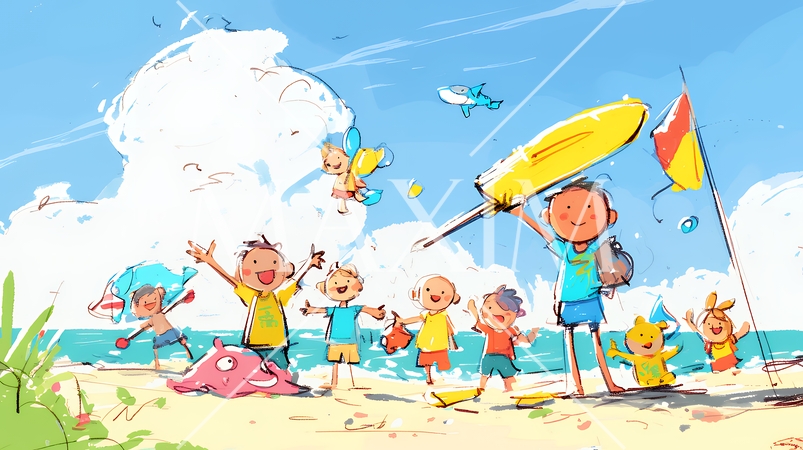 小学生の夏の思い出：海水浴（クレヨン＋水彩画風）