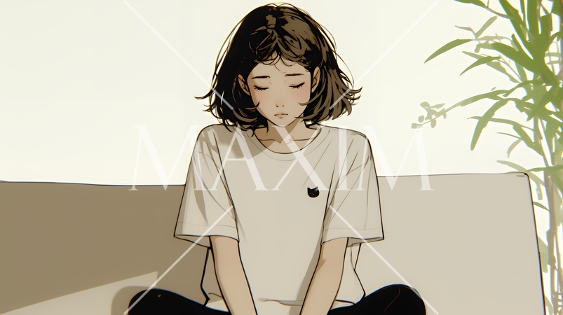 腹痛（生理痛）に苦しむ若い女性（シンプルな色使い）