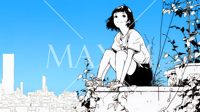 若い女性が佇む都市の街角（シンプルな色使い）