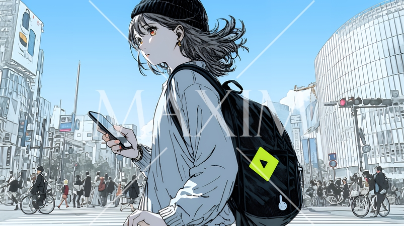 スマホの地図アプルを頼りに目的地に向かって歩いている女性：歩きスマホ