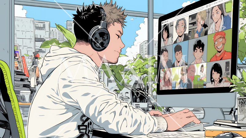 自宅からオンライン会議・授業に参加している男性