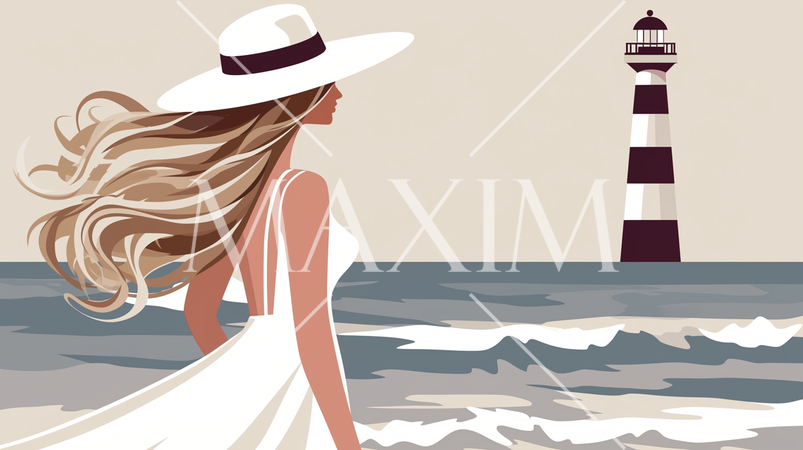 海と灯台を眺める女性