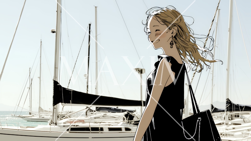 沖縄のヨットハーバーに立つ若い女性（シンプルな色使い）