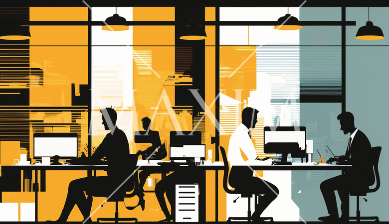 オフィス環境：オフィスでの仕事をする人々、デスクワーク、コンピューター作業。