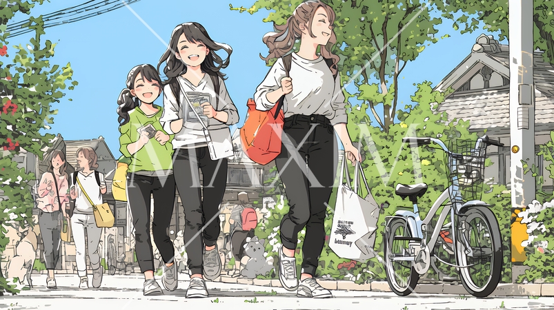 道端で会話を楽しむ若い主婦たち（ママ友たち）