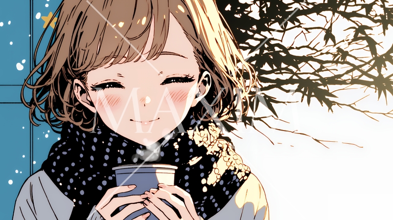 寒い冬、温かい飲み物を手にして、ふっと幸せそうに微笑む若い女性